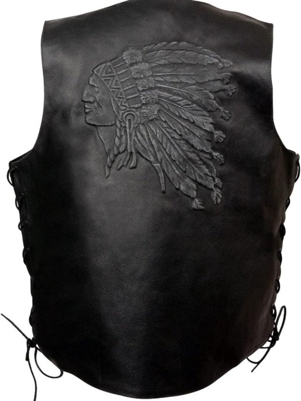 Men's Black Leather Motorcycle Vest with Embossed Native American Design, Size M
